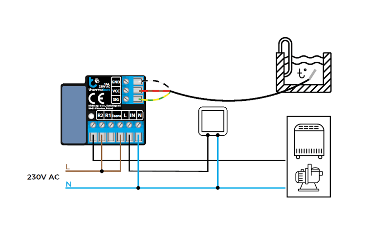 Controllo piscina WLAN e termometro per piscina - piano di connessione 230V